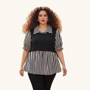 SHEIN Curve Monochrome Striped Puff Sleeve Peplum Blouse Black Tan 3X